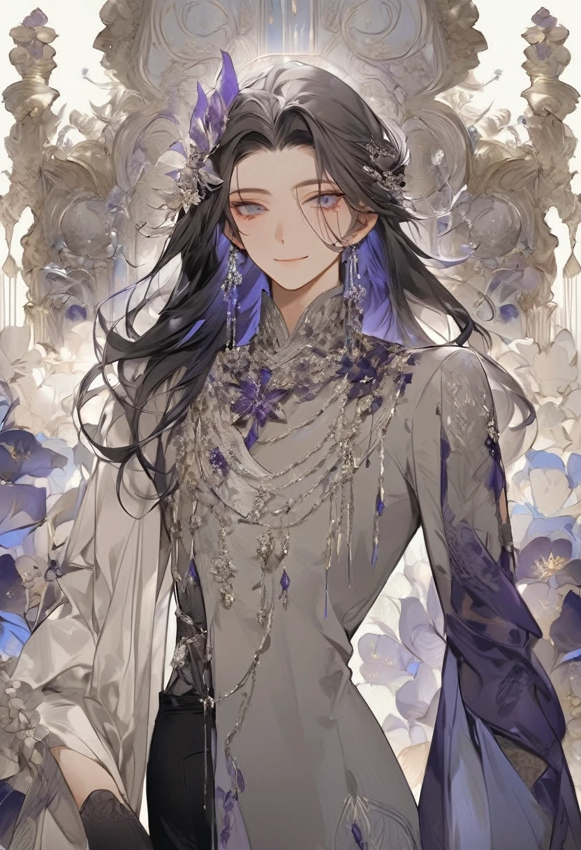 Feminine boy, soft womanish facial features, smile, squinted siren dark blue eyes without glare, silver and dark purple long loose hair with straight bang, fantasy black fit clothes with blue and purple elements, long black gloves, model, gorgeous, elegant, lots of silver jewelry, flowers in his hair, skinny body