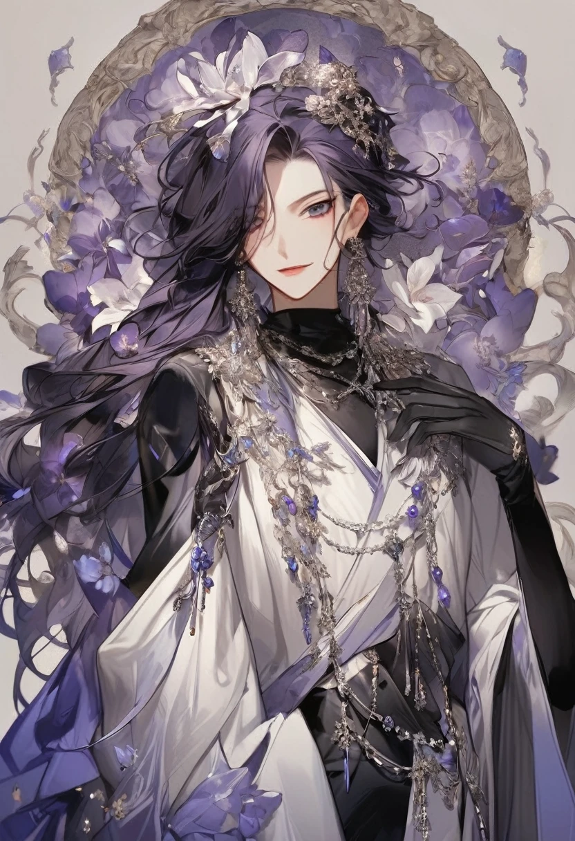 Feminine boy, soft womanish facial features, smile, squinted siren dark blue eyes without glare, silver and dark purple long loose hair with straight bang, fantasy black fit clothes with blue and purple elements, long black gloves, model, gorgeous, elegant, lots of silver jewelry, flowers in his hair, skinny body