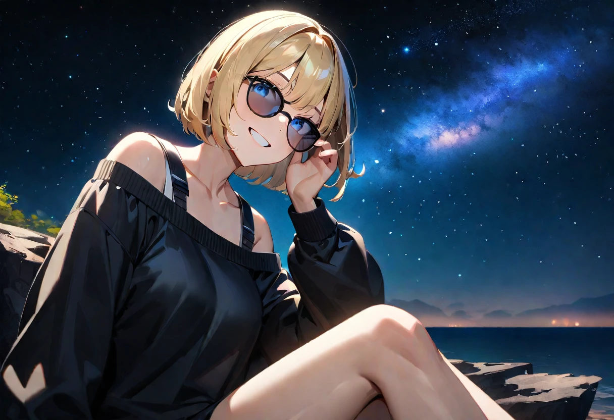 ((grin)), ((off-shoulder sweater:1.3, Quite thick shoulder straps)), ((black sweater)), ((blond hair, bob cut:1.3)), ((sunglasses, hand to sunglasses)), (((from side))), ((((upper body)))), bare legs, ((Leaning to side)), (((a beautiful starry sky, the Milky Way shining beautifully in the night))), ((sitting on the very high cliff)), wavy hair, inward curled hair, ((sea, nature)), breasts, teenager, (looking at viewer), oversized clothes, puffy long sleeves, collarbone, head tilt:1.3, (((blue eyes))), happy smile, (((anime style))), (best quality, 4K, 8K, highres, masterpiece:1.2, ultra-detailed, ultra-detailed eyes, HDR, uhd, studio lighting, ultra-fine painting, sharp focus, physically-based rendering, extreme detail description, professional, vivid colors, bokeh)