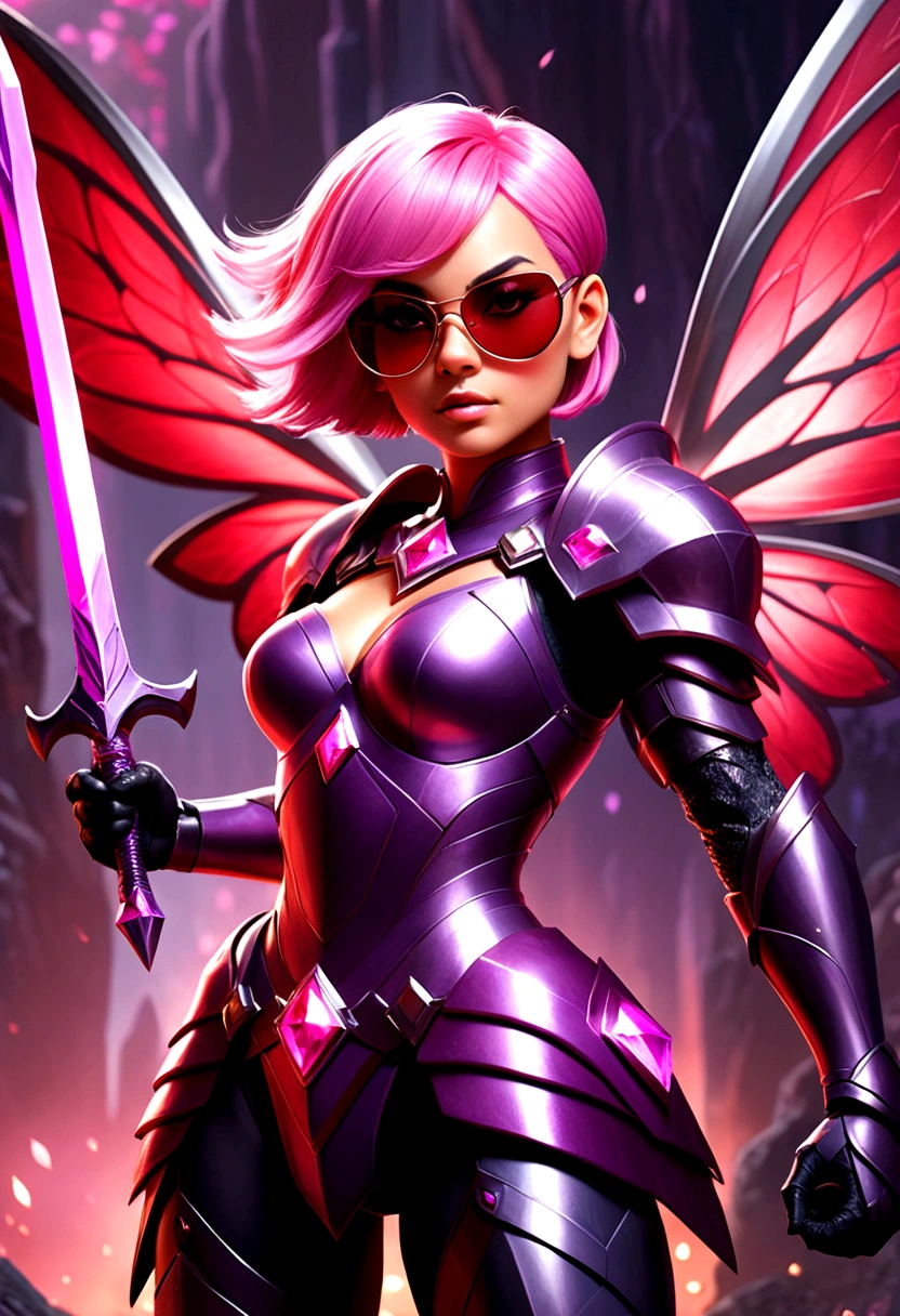 A giant heroic princess with short pink hair and purple diamonds on her cheeks, wearing purple armor and holding a giant diamond sword, accompanied by a small male fairy with short black hair, crimson red wings, dark gray clothing, and shades, having an epic adventure