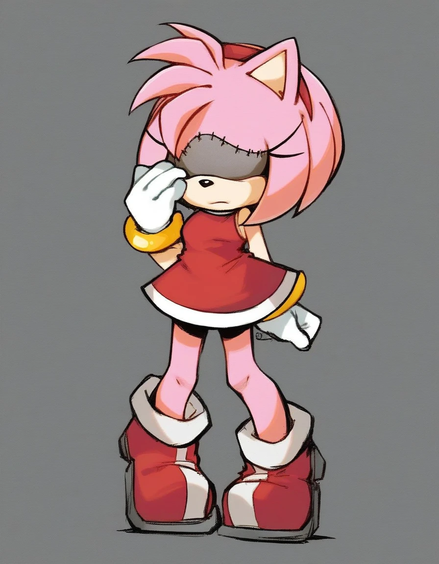 amy_alt, 1girl, solo, short hair, simple background, gloves, dress, animal ears, bare shoulders, closed mouth, standing, full body, pink hair, sidelocks, hairband, small breasts, sleeveless, shiny, white gloves, hand up, bracelet, sketch, sleeveless dress, short dress, red dress, black background, shaded face, furry, arm at side, furry female, red hairband, hair over eyes, body fur, straight-on, animal nose, two-tone fur, pink fur, no mouth, amy_rose,sleft side stitches, stiched arms, stiched legs,