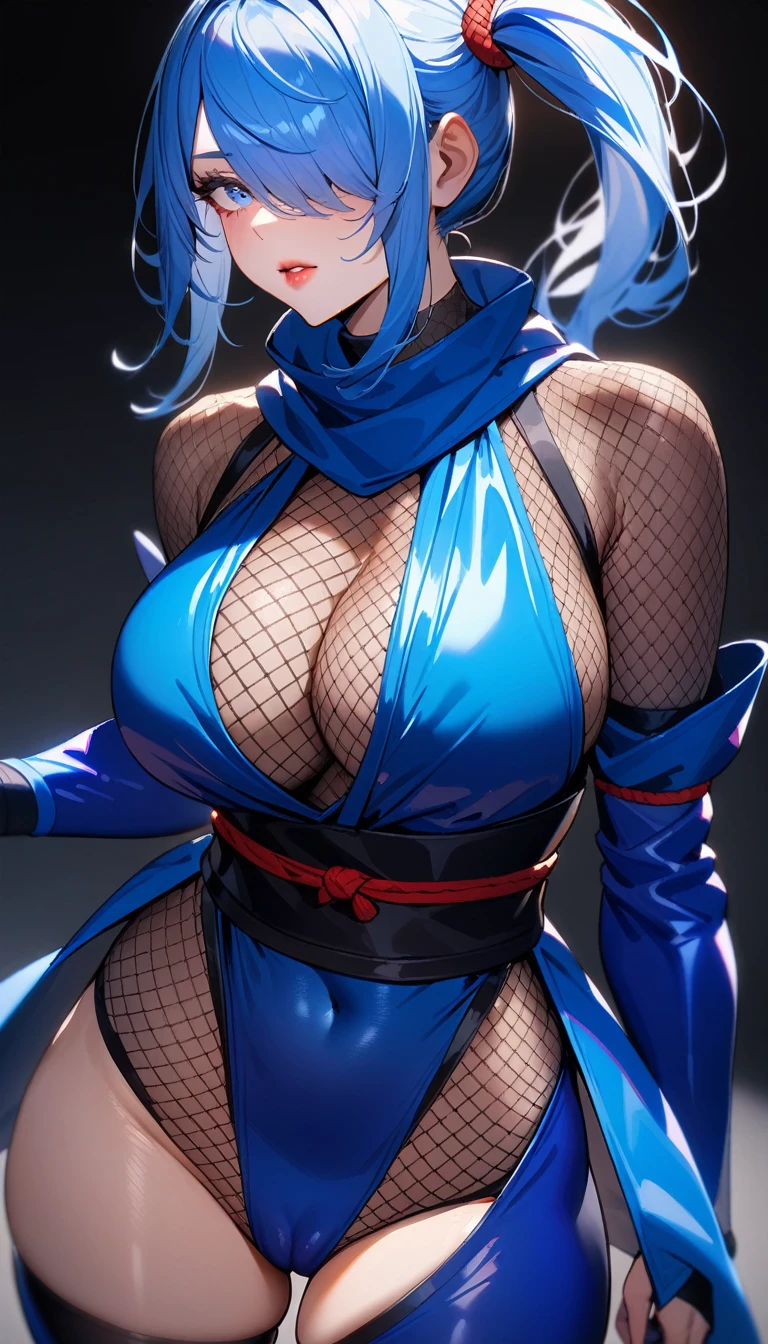 1girl,solo,super detailed skin,shiny skin,natural face,lips gloss,eyelashes,blue hair,hair over one eye,glowing blue eye,eyelashes,lips gloss,side ponytail,large breasts,(ninja clothes1.1),ninja style,fishnet,blue vinyl body suit,cameltoe,simple background ,standing,masterpiece,best quality,ultra detailed,high resolution,sharp focus,depth of field