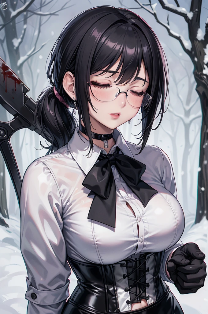 ((blood droplets)), ((blood)), ((blood splatter)), ((blood on clothes)), ((blood stain)), Masterpiece, Beautiful art, professional artist, 8k, art style by sciamano240, Very detailed face, Detailed clothing, detailed fabric, 1 girl, View from above, lying completely on the ground, perfectly drawn body, legs open, (very big breasts), dead expression, lifeless, pale skin, beautiful face, short black hair, Closed eyes, pink cheeks, glasses, choker:1.6, (white collar button down long sleeve shirt), black gloves, gloves that cover hands, (holding an ax in his right hand), (black leather corset), (shiny black tight mini skirt), Sensual Lips , evening de invierno, Dark road, dark forest, evening, Atmosphere, fog