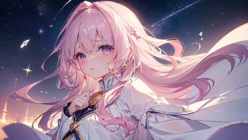 (((Highest quality、masterpiece、Ultra-fine、Ultra-fine、Exquisite、16K、Full HD,high school girl,))) 、Dark Eyes、Long eyelashes、White skin、(Pale pink lips、Pale pink cheeks、thin and long)、 ((cute)) ((One person)) 、((tears)) 、Wide Shot、Space galaxy background、(A magnificent composition、epic proportion)、Dynamic lighting、、