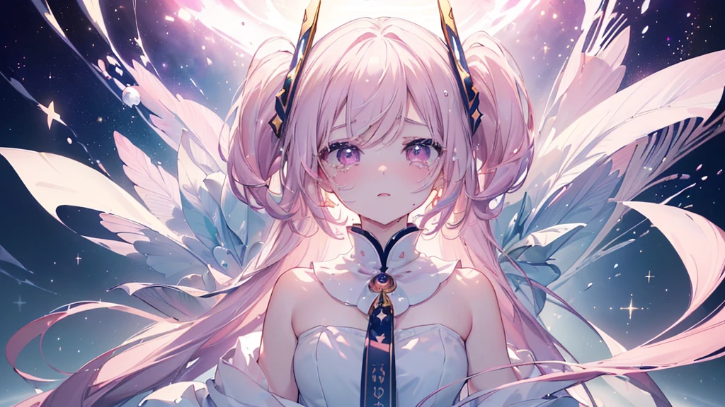 (((Highest quality、masterpiece、Ultra-fine、Ultra-fine、Exquisite、16K、Full HD,high school girl,))) 、Dark Eyes、Long eyelashes、White skin、(Pale pink lips、Pale pink cheeks、thin and long)、 ((cute)) ((One person)) 、((tears)) 、Wide Shot、Space galaxy background、(A magnificent composition、epic proportion)、Dynamic lighting、、