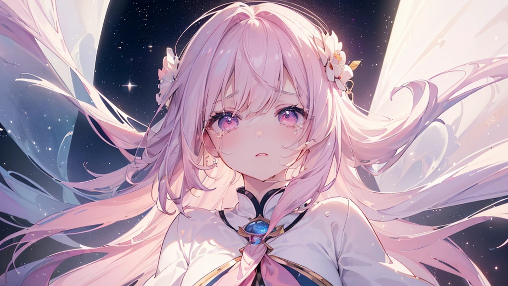 (((Highest quality、masterpiece、Ultra-fine、Ultra-fine、Exquisite、16K、Full HD,high school girl,))) 、Dark Eyes、Long eyelashes、White skin、(Pale pink lips、Pale pink cheeks、thin and long)、 ((cute)) ((One person)) 、((tears)) 、Wide Shot、Space galaxy background、(A magnificent composition、epic proportion)、Dynamic lighting、、