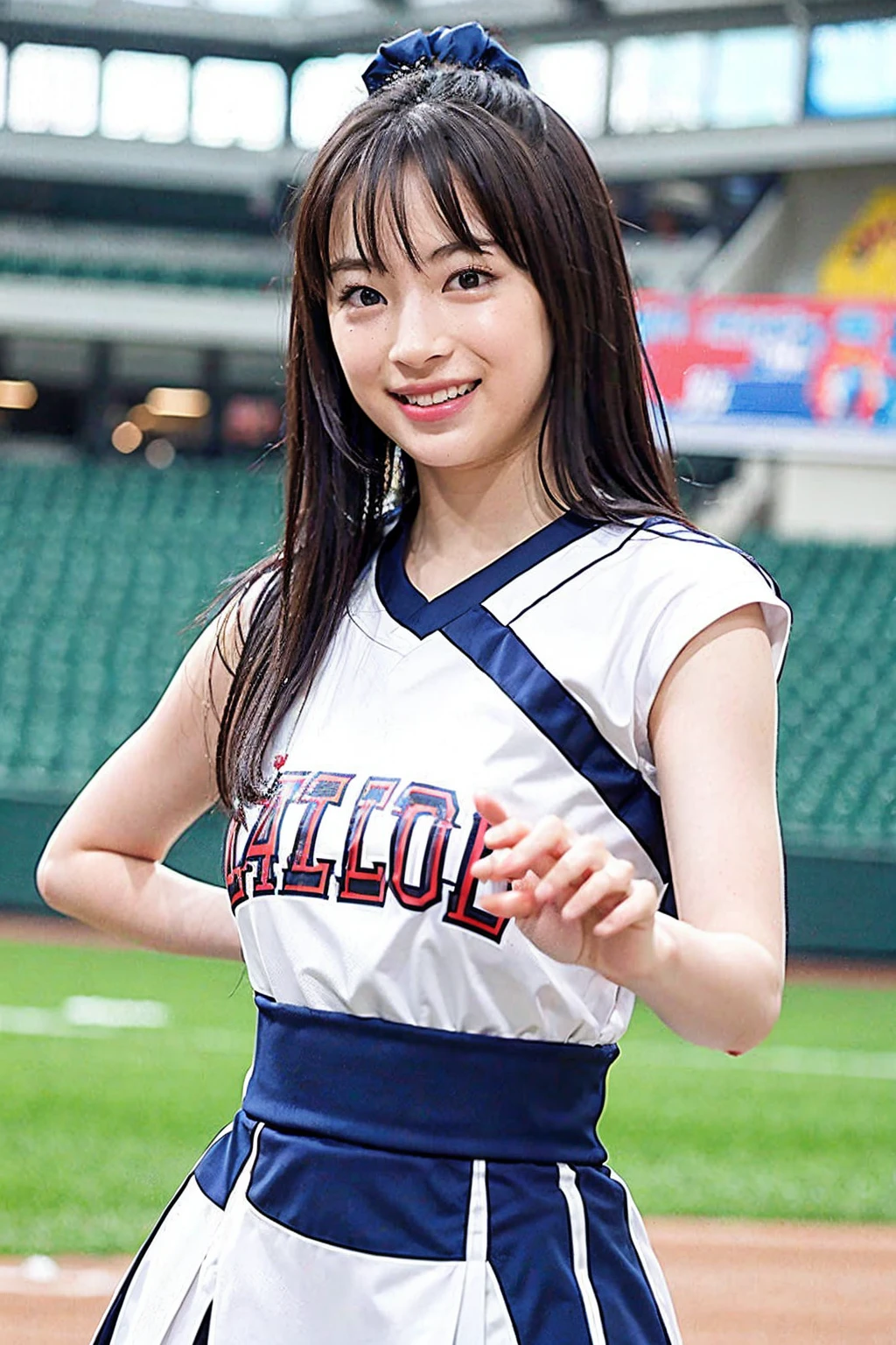 A beautiful Japanese girl、Cheerleading Costumes、dance、White skin、Baseball stadium stands