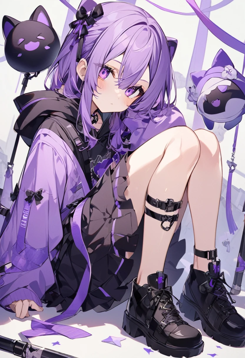 Keito。Purple Eyes。Purple Hair。Purple Skirt。Black shoes下。Black shoes。Purple hoodie