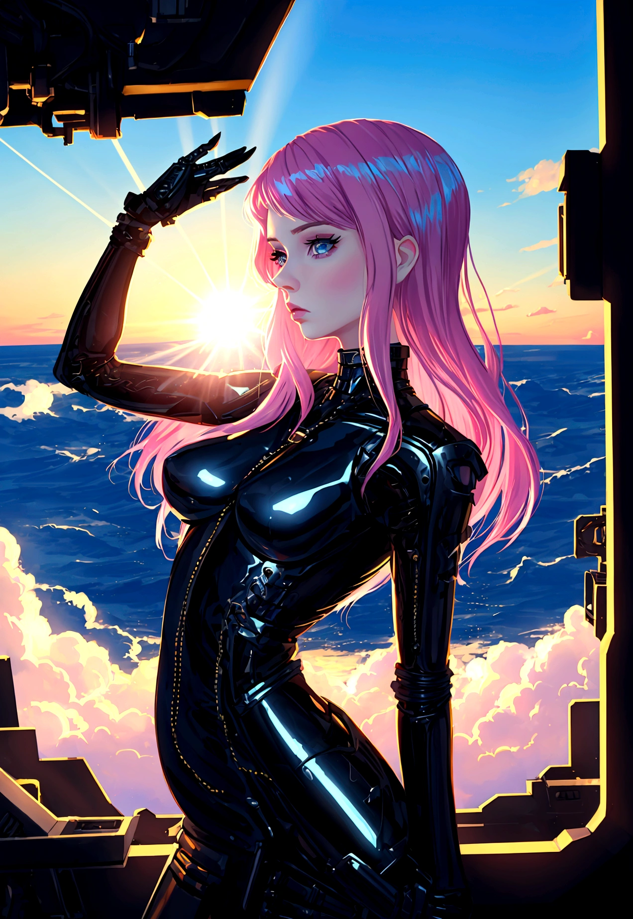 (nvinkpunk:1.2) (sinthwave style:0.8) a woman inspired by Karen Gillan, antrum, light wave, sun sunset, blue skies, intricate, highly detailed