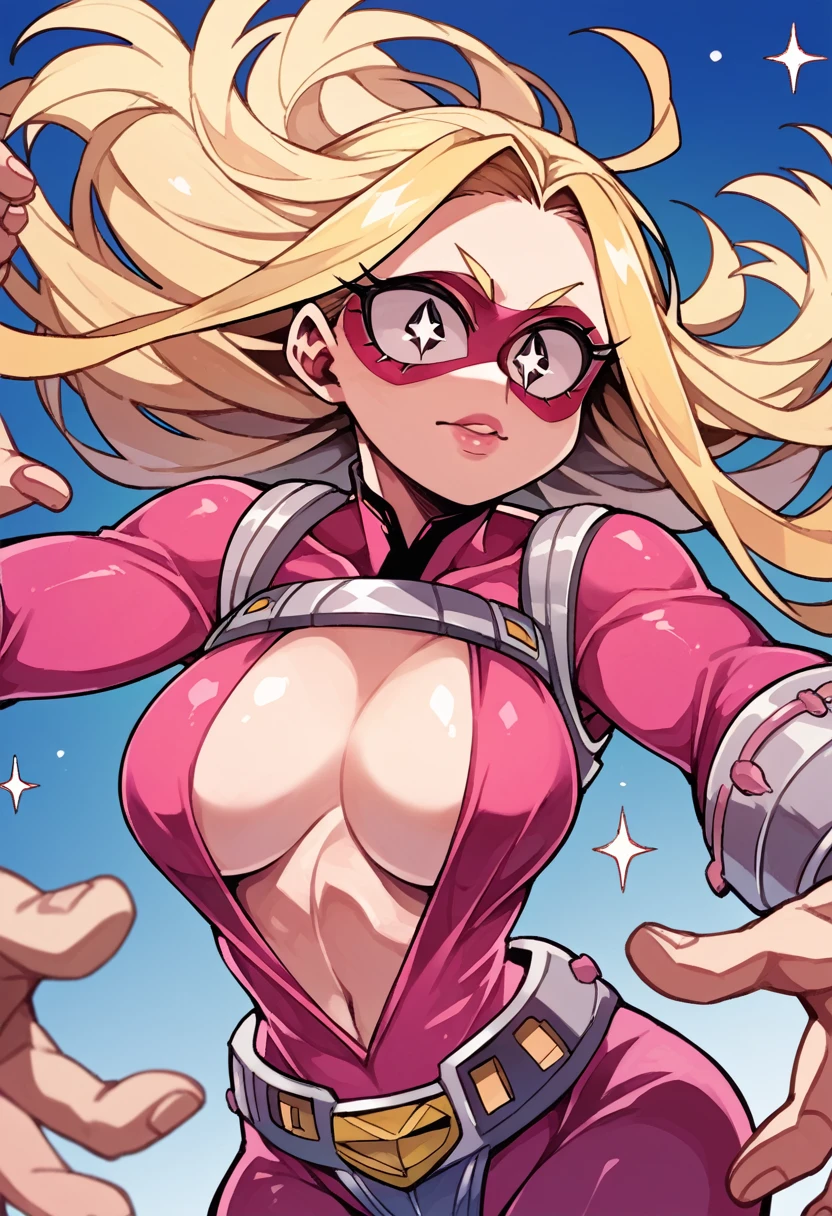 A beautiful, voluptuous anime girl from My Hero Academia, All Might Girl, blonde, sparkling eyes, strong and heroic pose, pink lips, iconic hair, heroine outfit, dynamic pose, incredible heroine, plunging neckline
