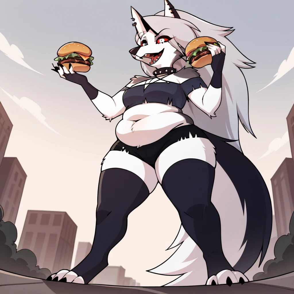 score_9, score_8_up, BREAK, source_anime, (1girl, solo), uncensored, full body, soft belly, belly fat, plump, chubby, from below, thigh highs, fingerless gloves, holding burger, mouth open, burger in mouth, close up, detailed, 
anthro, furry, pose, sexy,
Loona \(Helluva Boss\), 
