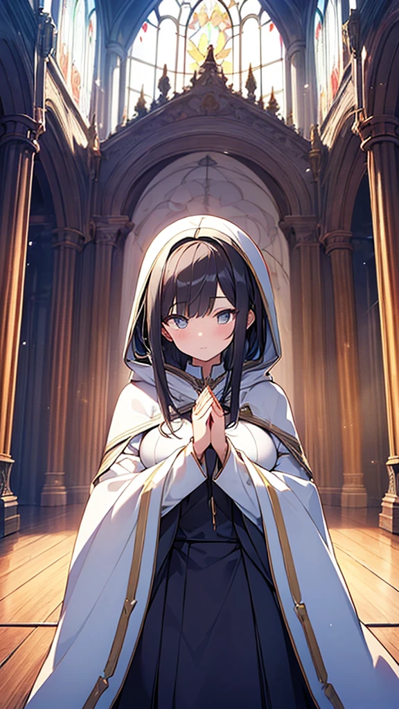 (masterpiece, Highest quality, Highest quality, Official Art, beautifully、aesthetic:1.2), (One girl), Very detailed, (Fractal Art:1.3), colorful, Most detailed, Perfect Face, whole body, High resolution, Big Breasts, (pray:1.3), (White cloak Golden Line:1.2), church, (Streaks of Light), Impressive visuals, (Dynamic stripes, Light trail:1.2), Vibrant colors, {{A demon who took the face off a praying girl and disguised himself as a girl}}, 