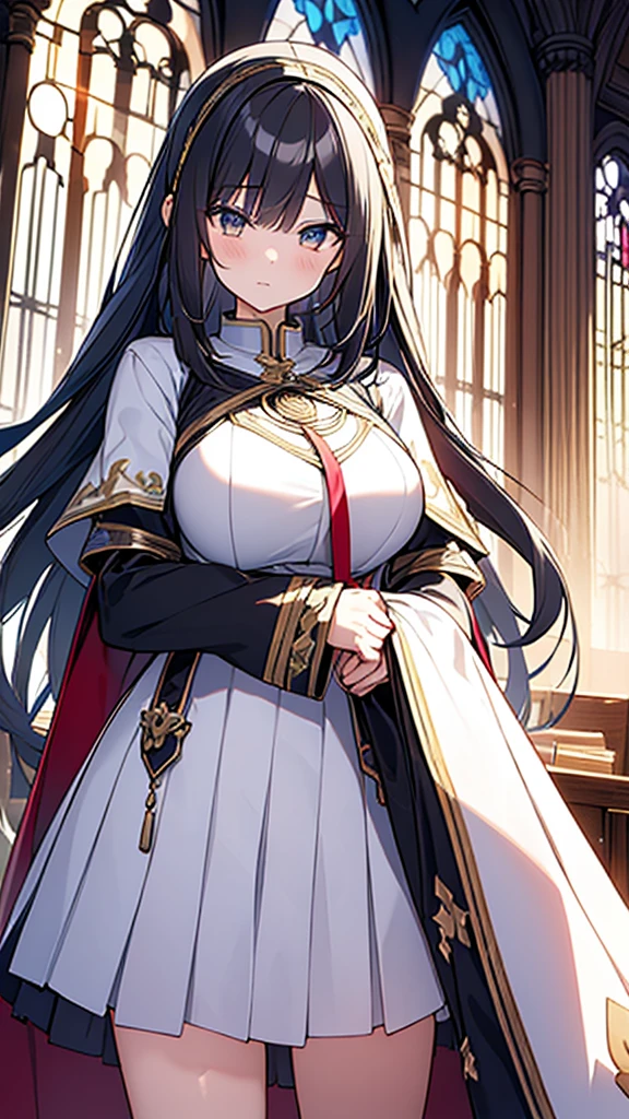 (masterpiece, Highest quality, Highest quality, Official Art, beautifully、aesthetic:1.2), (One girl), Very detailed, (Fractal Art:1.3), colorful, Most detailed, Perfect Face, whole body, High resolution, Big Breasts, (pray:1.3), (White cloak Golden Line:1.2), church, (Streaks of Light), Impressive visuals, (Dynamic stripes, Light trail:1.2), Vibrant colors, {{A demon who took the face off a praying girl and disguised himself as a girl}}, 