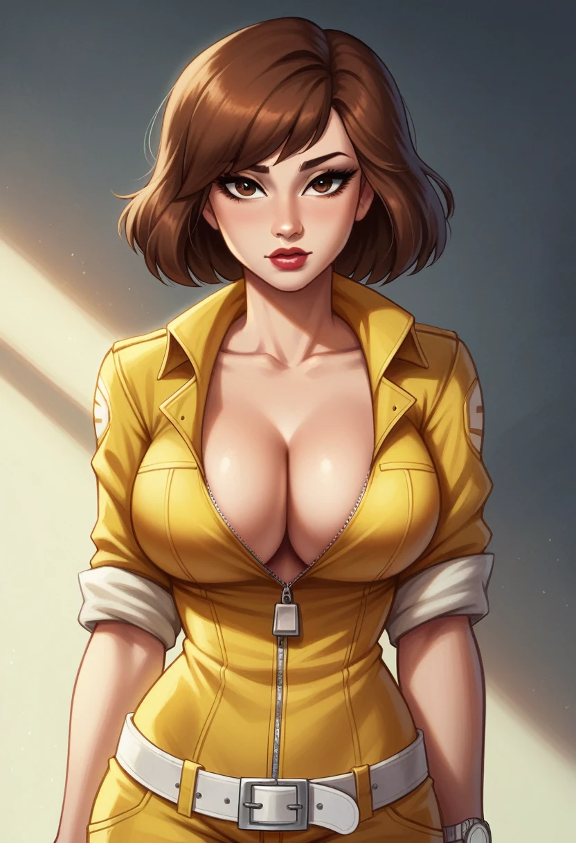 (masterpiece:1.2, best quality:1.2, beautiful, high quality, highres:1.1, aesthetic), detailed, extremely detailed, ambient soft lighting, 4K, perfect lighting,
1girl, solo,CARTOON_April_ONeil_TMNT_ownwaifu, www.ownwaifu.com,
brown hair, short hair, breasts, brown eyes, large breasts, lips, makeup, collarbone, lipstick,
cleavage, sleeves rolled up, yellow jumpsuit, watch, unzipped, zipper, white belt,