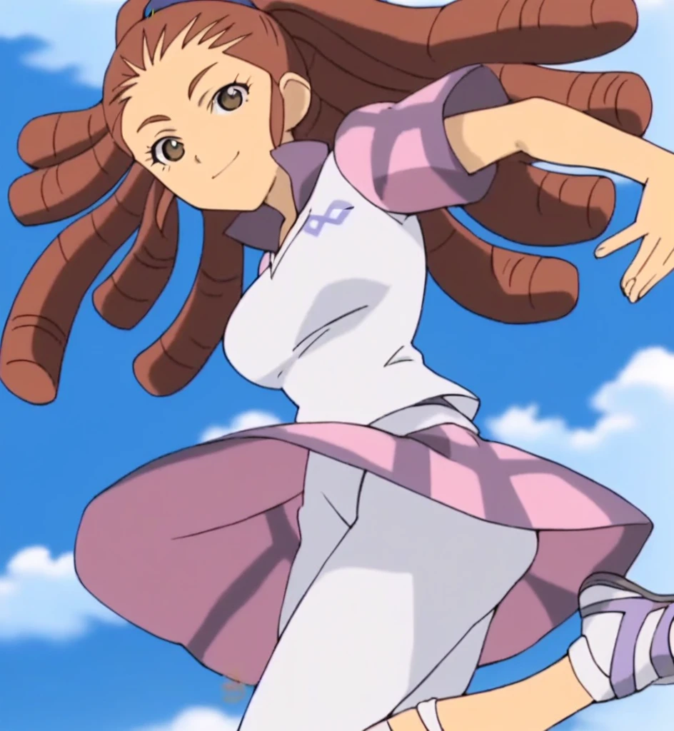 score_9, score_8_superior, score_7_superior, score_6_superior, score_5_superior, score_4_superior, sauce_anime, One girl, Mido Reika, Dreadlocks, Long Hair, High Ponytail, Brown eyes, Pause,, smile, View your viewers, Big Breasts ballerina ballet Anne O