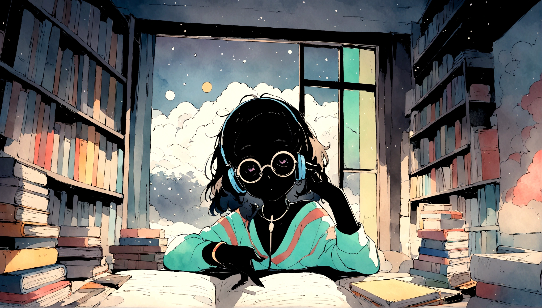 masterpiece, high quality cg, black anime, illustration, best quality, 1 black girl, black skin, no hands visible, beautiful face, detailed face, correct hand shape dokkaebi, solo, looking at viewer, black hair, round glasses , hair behind the ears, anime girl studying in her room, dreaming, wearing headphones, too many books, bookshelves, night light, big window view, snowy day, too much snow. Analog color theme. Lo-Fi Hip Hop, retrospective flat. 2.5D. Line Drawing, Ink Painting, Big Gradient, Watercolor Painting, Goose Color, Studio Ghibli Style, Cool Colorful, Outer Color, krautrock, lofi art, 70's style, old textures, amplitude, psychedelic vibes, masterpiece, Amazing technology.