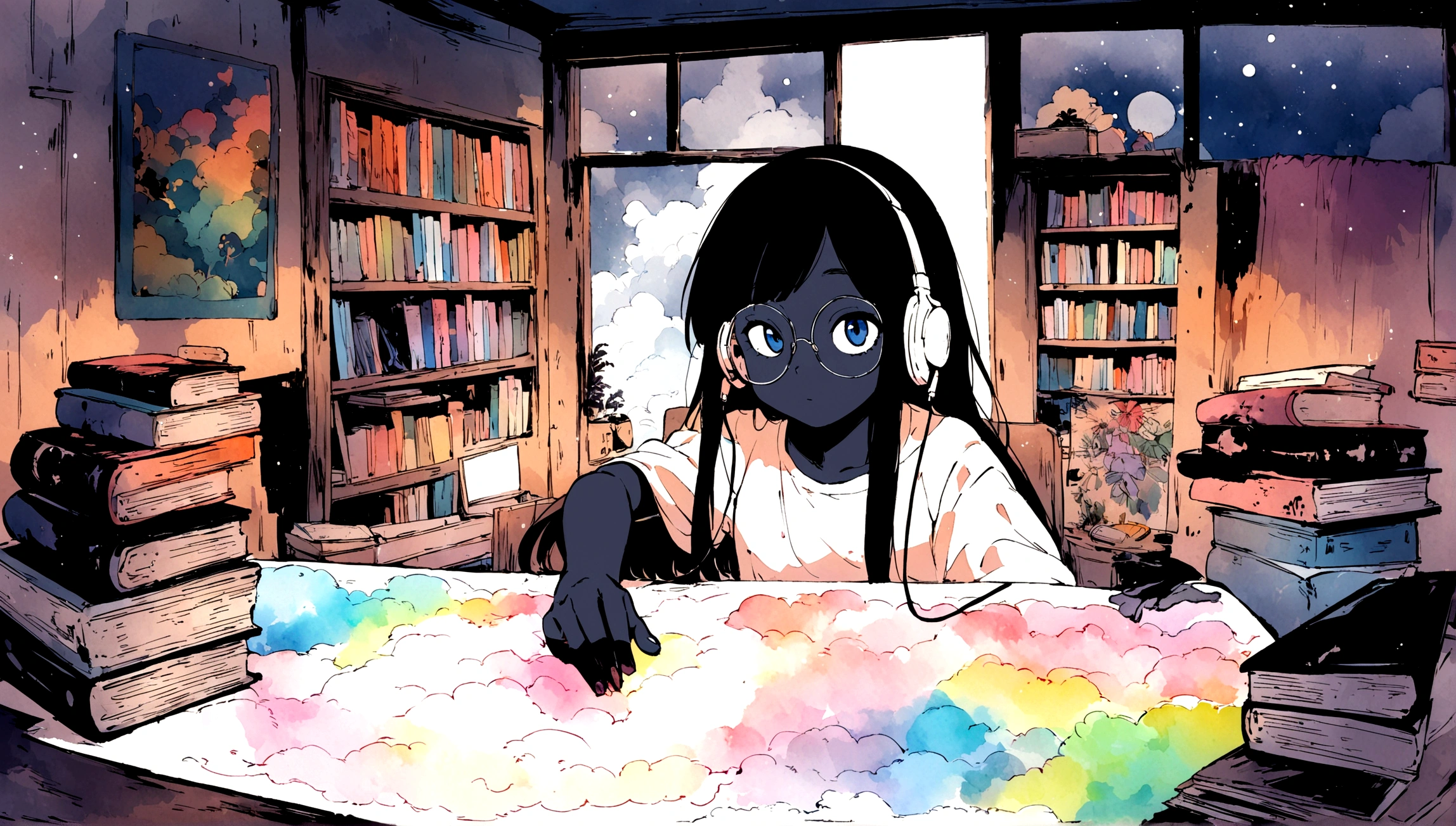 masterpiece, high quality cg, black anime, illustration, best quality, 1 black girl, black skin, no hands visible, beautiful face, detailed face, correct hand shape dokkaebi, solo, looking at viewer, black hair, round glasses , hair behind the ears, anime girl studying in her room, dreaming, wearing headphones, too many books, bookshelves, night light, big window view, snowy day, too much snow. Analog color theme. Lo-Fi Hip Hop, retrospective flat. 2.5D. Line Drawing, Ink Painting, Big Gradient, Watercolor Painting, Goose Color, Studio Ghibli Style, Cool Colorful, Outer Color, krautrock, lofi art, 70's style, old textures, amplitude, psychedelic vibes, masterpiece, Amazing technology.