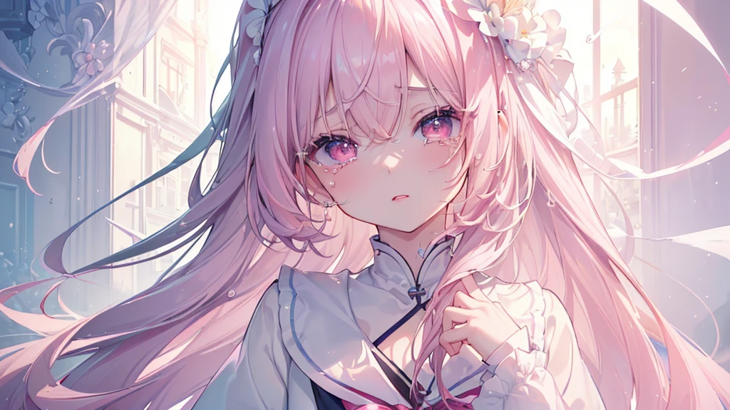(((Highest quality、masterpiece、Ultra-fine、Ultra-fine、Exquisite、16K、Full HD,high school girl,))) 、Dark Eyes、Long eyelashes、White skin、(Pale pink lips、Pale pink cheeks、thin and long)、 ((cute)) ((One person)) 、((tears)) 、Wide Shot、epic proportion)、