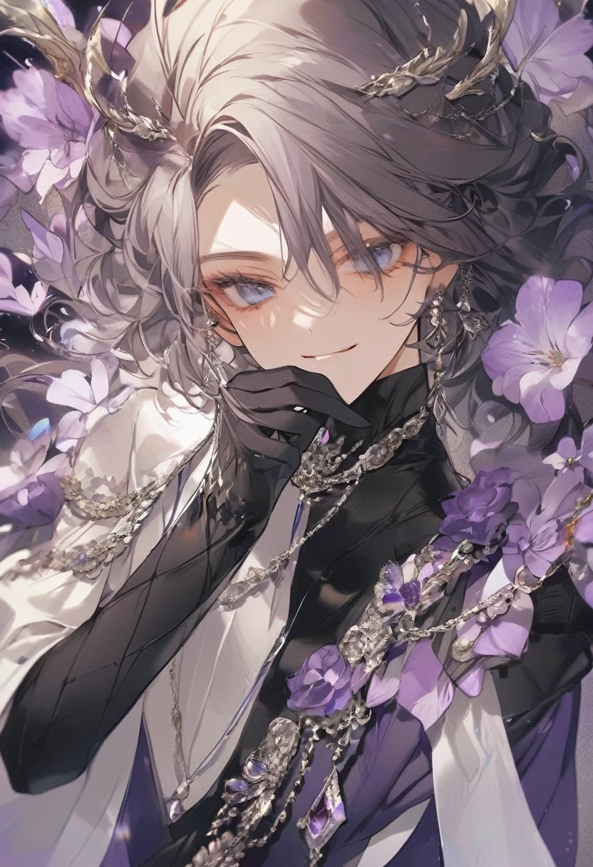 Feminine boy, soft womanish facial features, smile, squinted siren dark blue eyes without glare, silver and dark purple long loose hair with straight bang, fantasy black fit clothes with blue and purple elements, long black gloves, model, gorgeous, elegant, lots of silver jewelry, flowers in his hair, skinny body