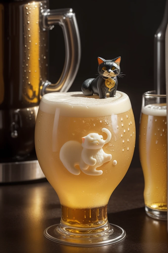 Fantasy beer on an intricate glass, made from cat sculptures, foam in the form of a cat, (absurdly charming cute, Standing in honor:1.2), beer foam , (Beer foam texture :1.3),