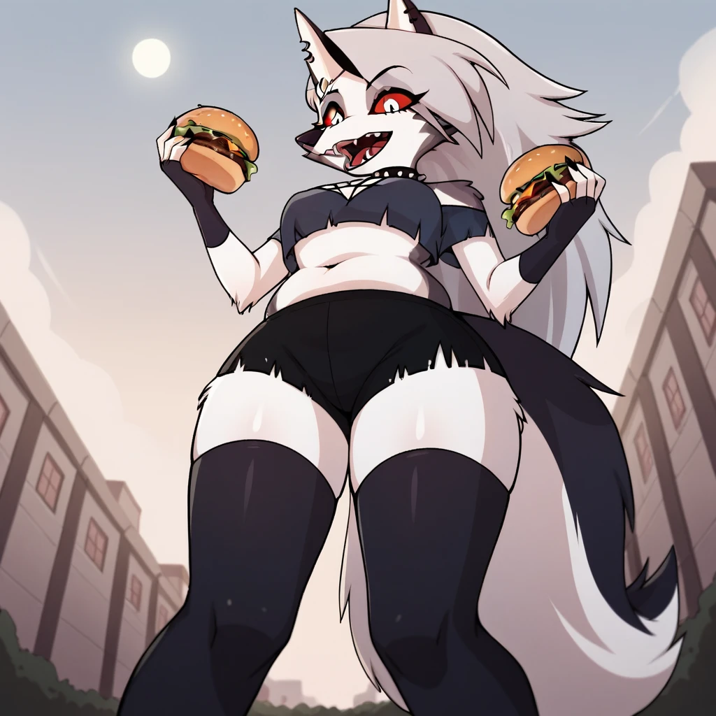 score_9, score_8_up, BREAK, source_anime, (1girl, solo), uncensored, full body, soft belly, belly fat, from below, thigh highs, fingerless gloves, holding burger, mouth open, burger in mouth, close up, detailed, 
anthro, furry, pose, sexy,
Loona \(Helluva Boss\), 