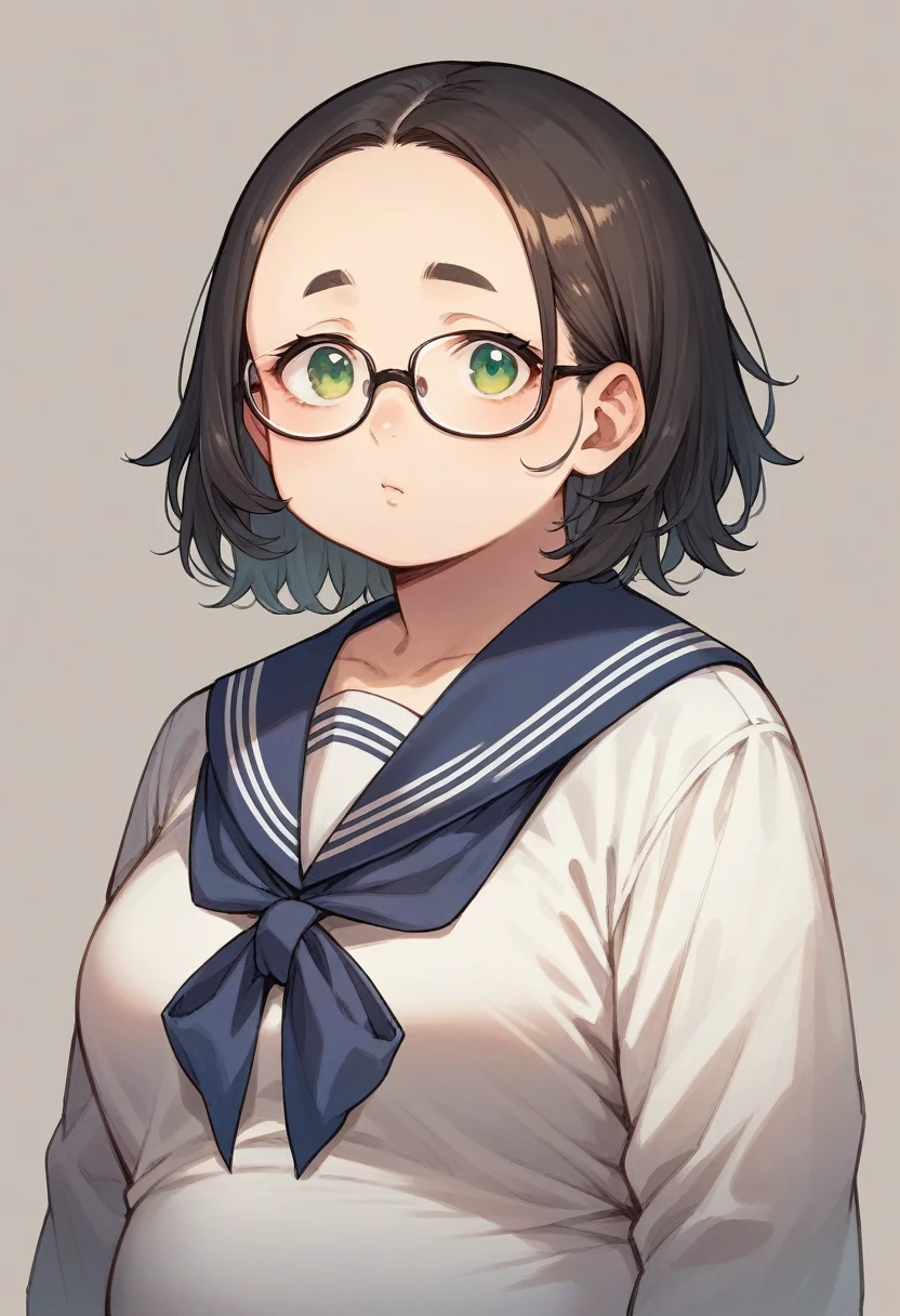 Kizi, chubby Kizi, blond, greeneyes, Medium length hair, open forehead, without bangs, black square-rim glasses, sailor 
