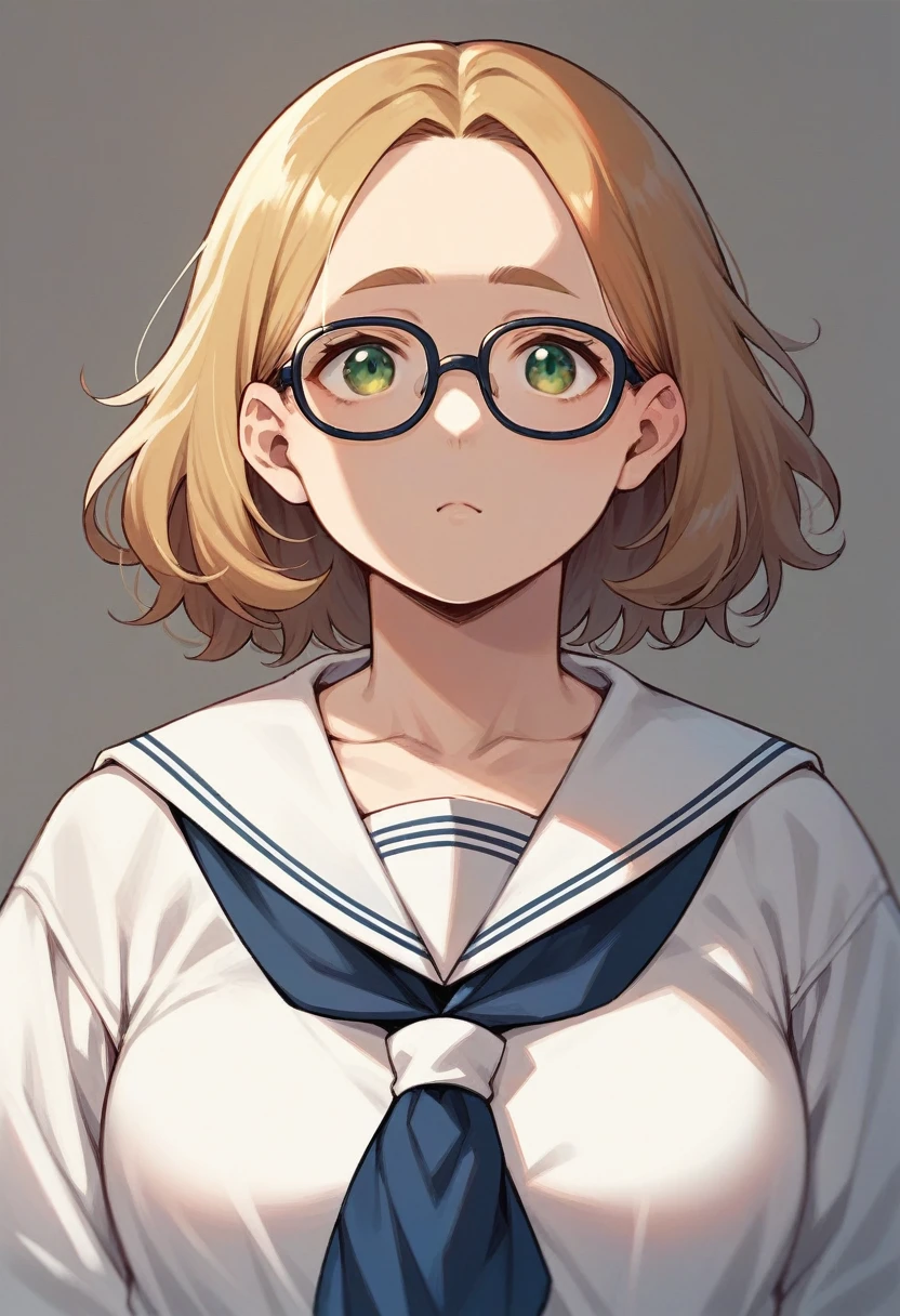 Kizi, chubby Kizi, blond, greeneyes, Medium length hair, open forehead, without bangs, black square-rim glasses, sailor 