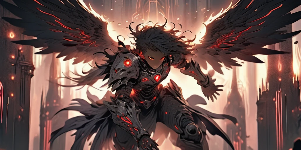 Ancient anime style, artbook, comicbook, RPG, futuristic medieval, steampunk.  A dark angel warrior, wearing medieval technological magic armor with glowing magic markings, dynamic pose, full body, human face with glowing magic tribal tattoos with red tones, angel features, black halo with glowing magic markings, magic red stone skin with glowing carved markings, glowing eyes, using a technological magic long spear with glowing magic circuits.  In a metropolis of a hellish kingdom with advanced technology, with tall buildings with neon details, mixing technology with magical vegetation, steampunk.  Wide scenery, cinematic scene with several layers of depth, dynamics, magical lighting.