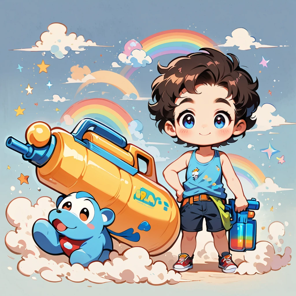 One adult male with dark hair、Draw a rainbow with a blue sky background、Play with a water gun、Cartoon style character design，interesting，interesting，Clean Lines