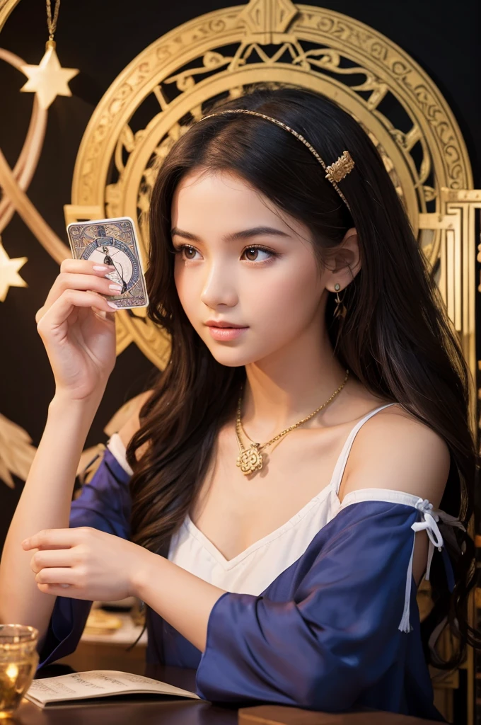 Young female fortune teller doing tarot reading