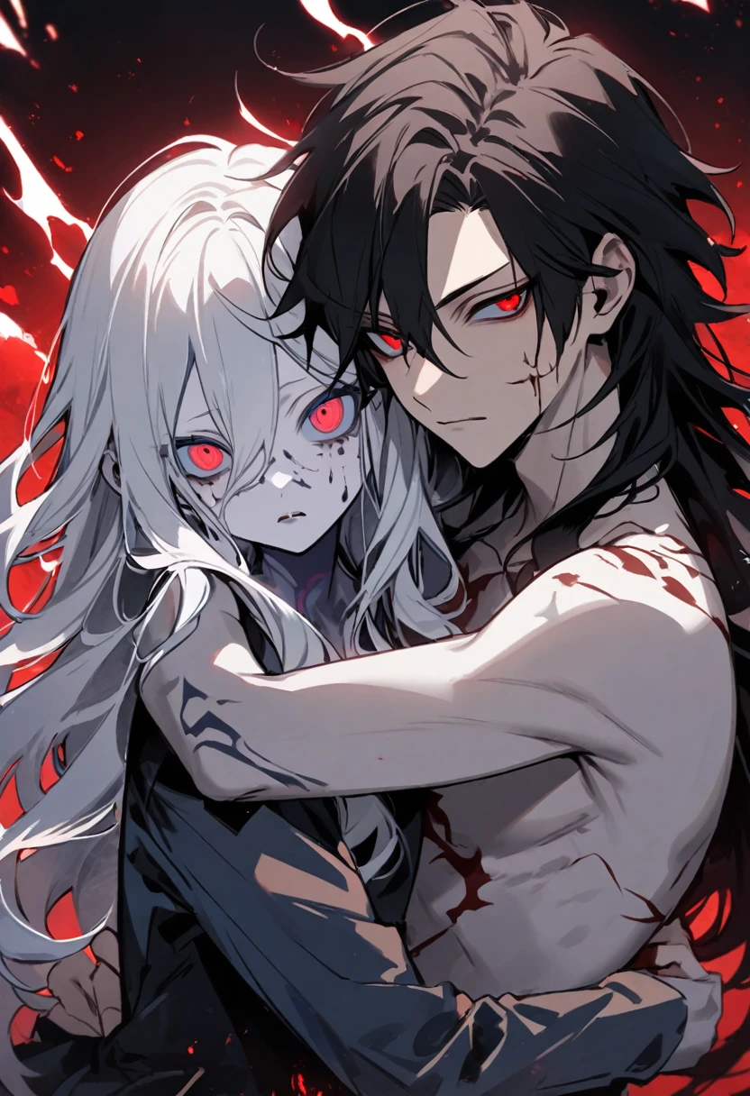 Two young adults hugging, One is albino, Red eyes, long wavy hair, eltant facial features. The other boy is black haired, shaped body, marked jaw, very pale skin and electric blue eyes.
