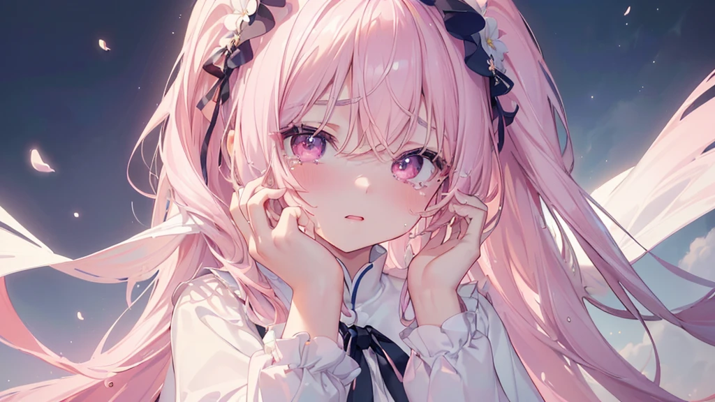 (((Highest quality、masterpiece、Ultra-fine、Ultra-fine、Exquisite、16K、Full HD,high school girl,))) 、Dark Eyes、Long eyelashes、White skin、(Pale pink lips、Pale pink cheeks、thin and long)、 ((cute)) ((One person)) 、((tears)) 、Wide Shot、epic proportion)、