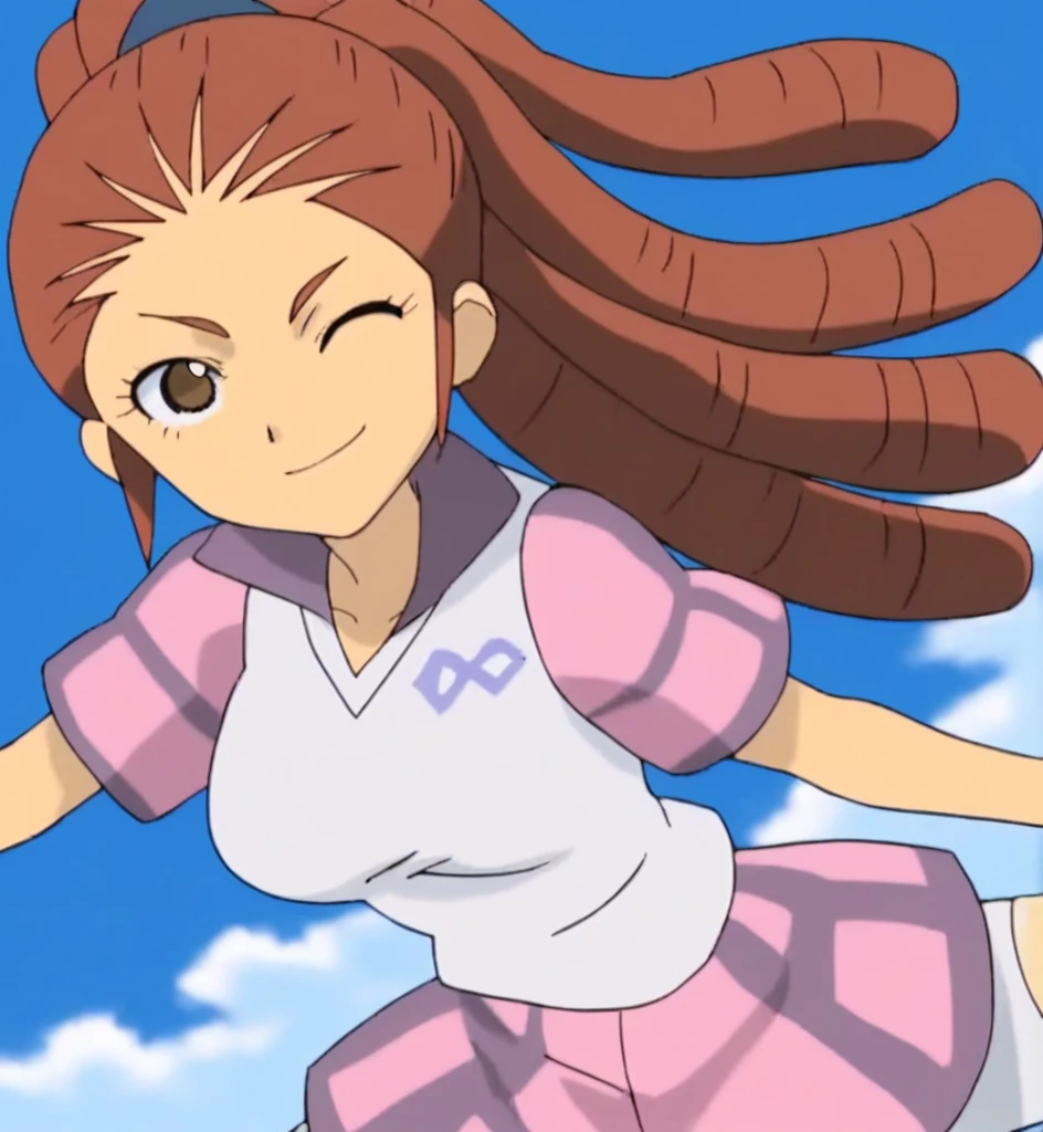 score_9, score_8_superior, score_7_superior, score_6_superior, score_5_superior, score_4_superior, sauce_anime, One girl, Mido Reika, Dreadlocks, Long Hair, High Ponytail, Brown eyes, Pause,, smile, View your viewers, Big Breasts ballerina ballet Anne O Wink heart Infatuated