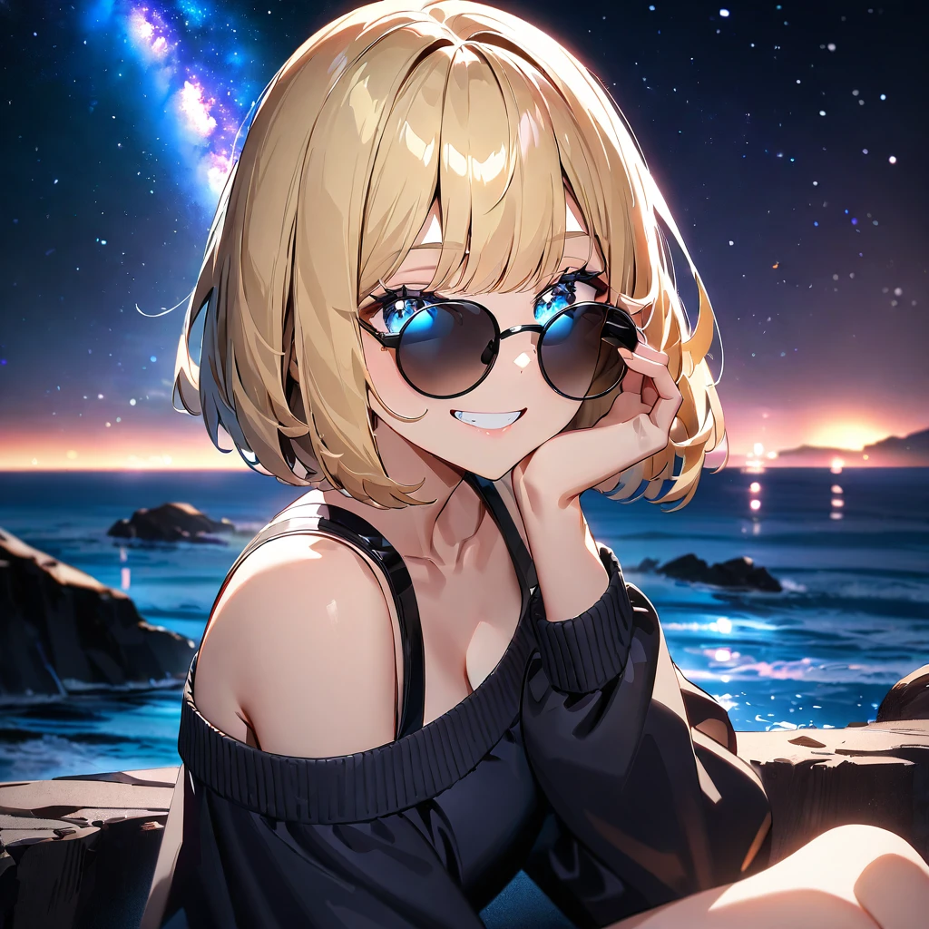 ((grin)), ((off-shoulder sweater:1.3, Quite thick shoulder straps)), ((black sweater)), ((blond hair, bob cut:1.3)), ((sunglasses, hand to sunglasses)), (((from side))), ((((upper body)))), bare legs, ((Leaning to side)), (((a beautiful starry sky, the Milky Way shining beautifully in the night))), ((sitting on the very high cliff)), wavy hair, inward curled hair, ((sea, nature)), breasts, ager, (looking at viewer), oversized clothes, puffy long sleeves, collarbone, head tilt:1.3, (((blue eyes))), happy smile, (((anime style))), (best quality, 4K, 8K, highres, masterpiece:1.2, ultra-detailed, ultra-detailed eyes, HDR, uhd, studio lighting, ultra-fine painting, sharp focus, physically-based rendering, extreme detail description, professional, vivid colors, bokeh)