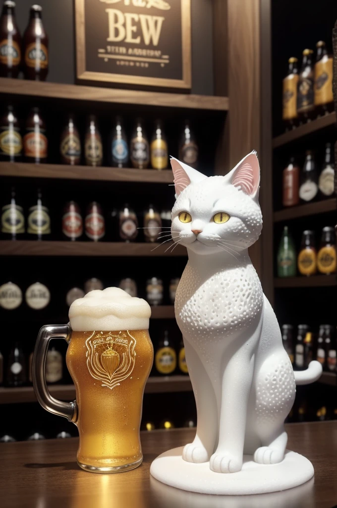 Fantasy beer on an intricate glass, made from cat sculptures, foam in the form of a cat, (absurdly charming cute, Standing in honor:1.2), beer foam , (Beer foam texture :1.3),