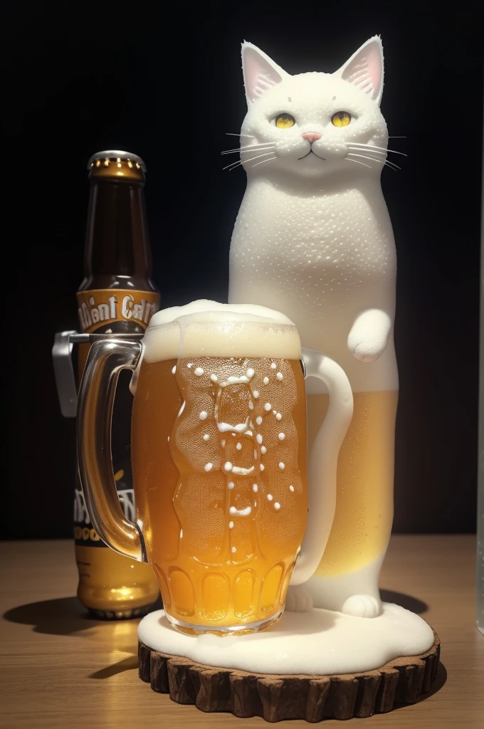 Fantasy beer on an intricate glass, made from cat sculptures, foam in the form of a cat, (absurdly charming cute, Standing in honor:1.2), beer foam , (Beer foam texture :1.3),