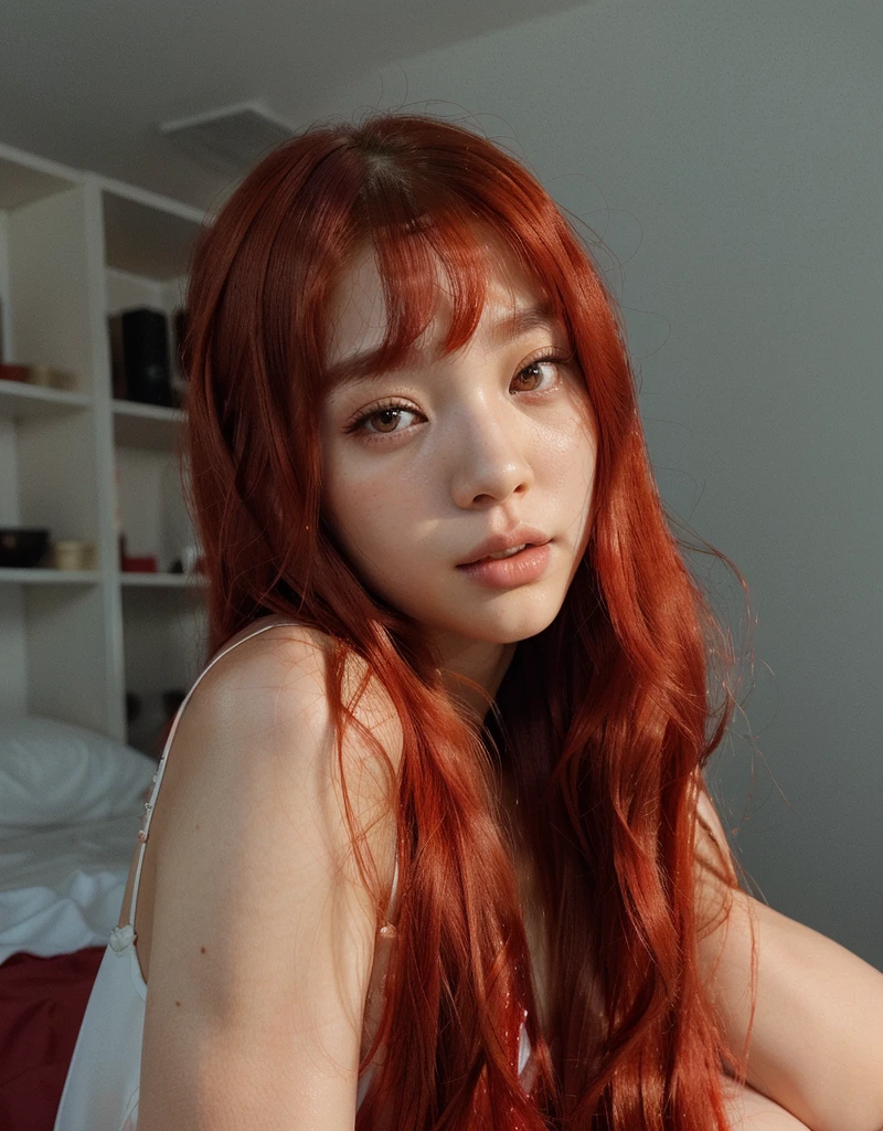 tem uma mulher with red hair posando para foto, lalisa manobal, A woman young, she has long curly hair, the hime cut, with long red hair, with red hair, cabelo rot brilhante, long bright red hair, rot, she has red hair, retrato de asuka langley soryu, lalisa manobal, clear and beautiful skin, Pale, delicate asian, ulzzang goodness, long hair with bangs