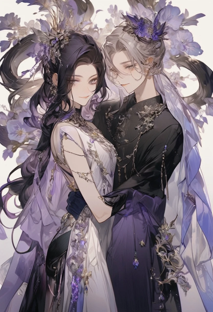 Feminine boy, soft womanish facial features, smile, squinted siren dark blue eyes without glare, silver and dark purple long loose hair with straight bang, fantasy black fit clothes with blue and purple elements, long black gloves, model, gorgeous, elegant, lots of silver jewelry, flowers in his hair, skinny body