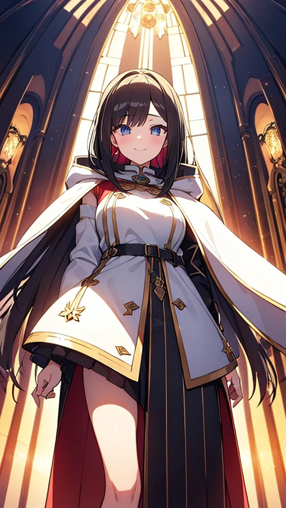(masterpiece, Highest quality, Highest quality, Official Art, beautifully、aesthetic:1.2), (One girl), Very detailed, (Fractal Art:1.3), colorful, Most detailed, Perfect Face, whole body, High resolution, Big Breasts, (pray:1.3), (White cloak Golden Line:1.2), church, (Streaks of Light), Impressive visuals, (Dynamic stripes, Light trail:1.2), Vibrant colors, Wicked Smile, {{A demon who took the face off a praying girl and disguised himself as a girl}}, NSFW