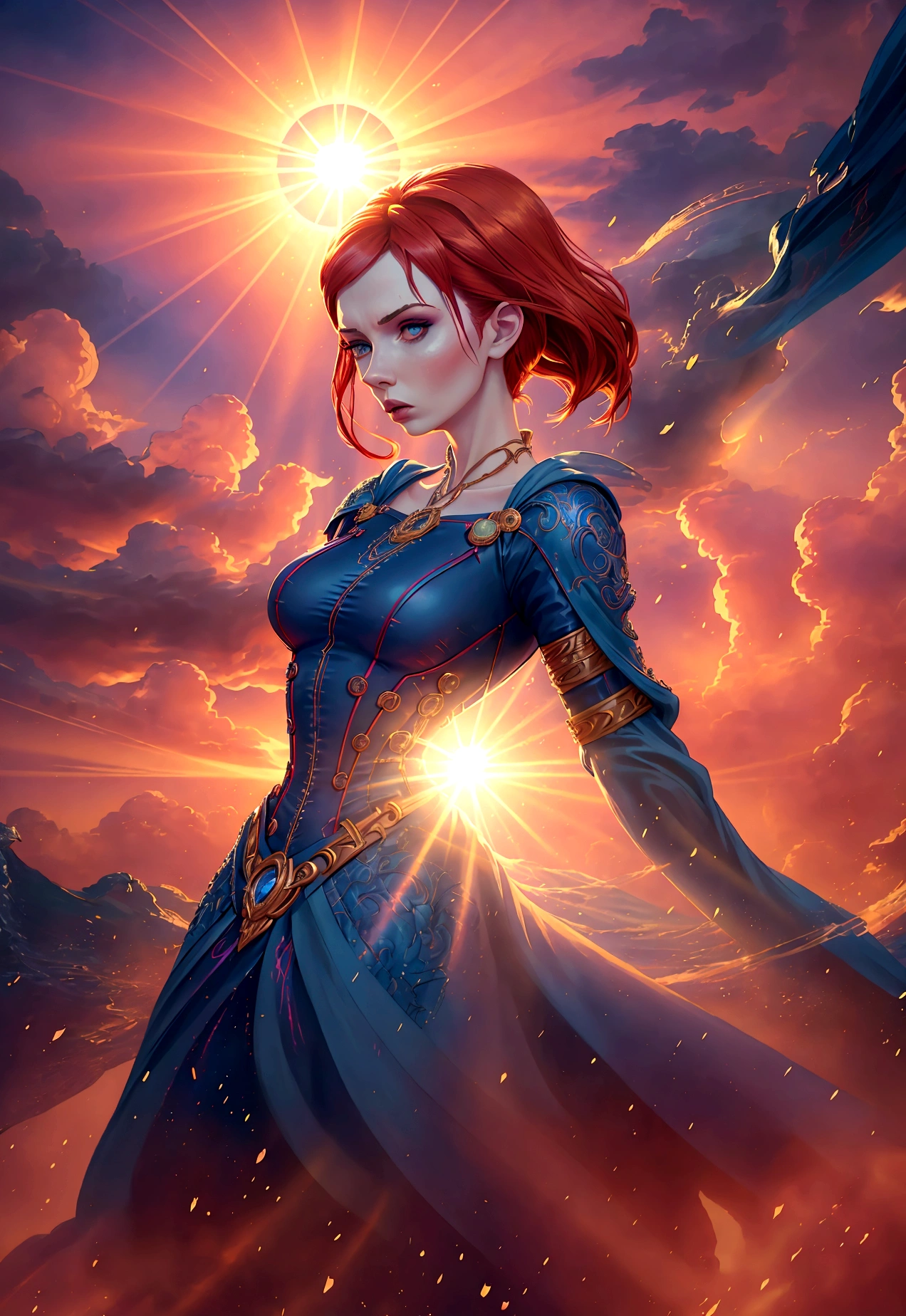 (woman inspired by Karen Gillan:1.2), (synthwave style:0.8), intricate, highly detailed, antrum, light wave, sun sunset, blue skies, photorealistic, 8k, masterpiece, cinematic, dramatic lighting, vivid colors, chiaroscuro, moody atmosphere, dramatic expression, powerful, elegant, beautiful, graceful, captivating