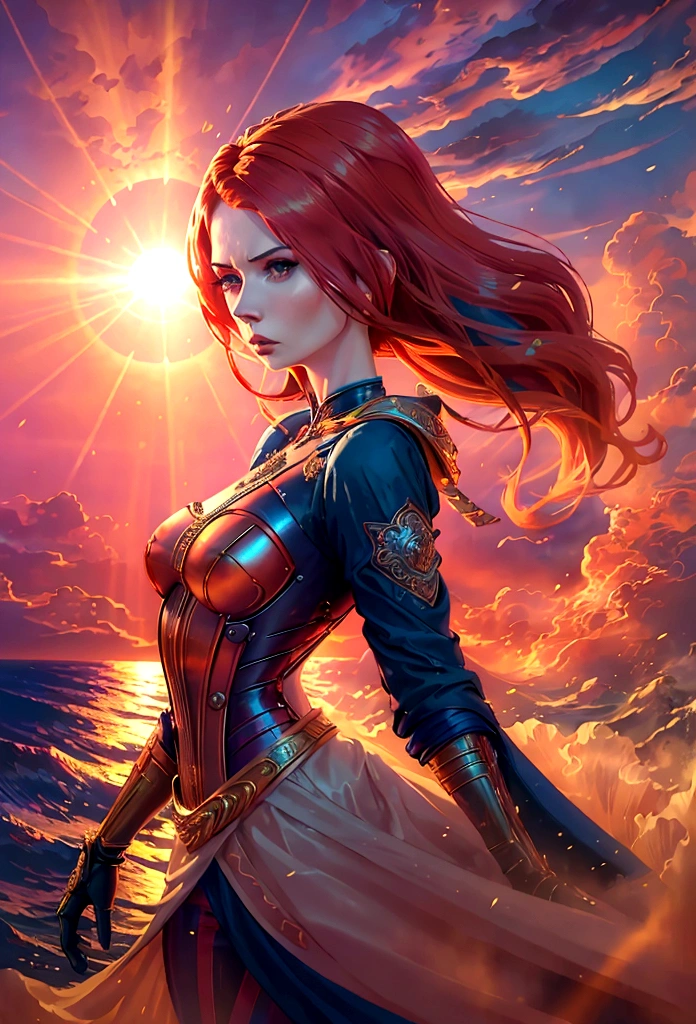 (woman inspired by Karen Gillan:1.2), (synthwave style:0.8), intricate, highly detailed, antrum, light wave, sun sunset, blue skies, photorealistic, 8k, masterpiece, cinematic, dramatic lighting, vivid colors, chiaroscuro, moody atmosphere, dramatic expression, powerful, elegant, beautiful, graceful, captivating