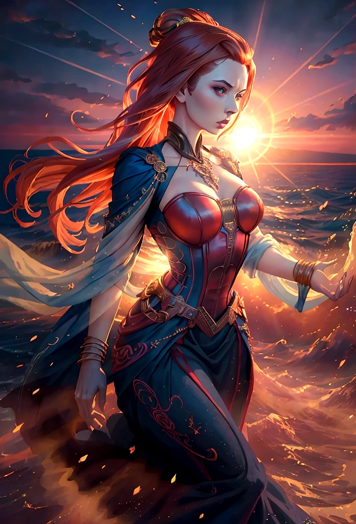 Best quality, masterpiece, very high resolution, (photorealistic: 1.5), raw photo, 1 girl, full silhouette, stamp style, blimp in the background, bare shoulders, exposed breasts, in the dark, on the beach, sunset, deep shadow , dark tone, cold light, sexy look, steampunk long curly red hair