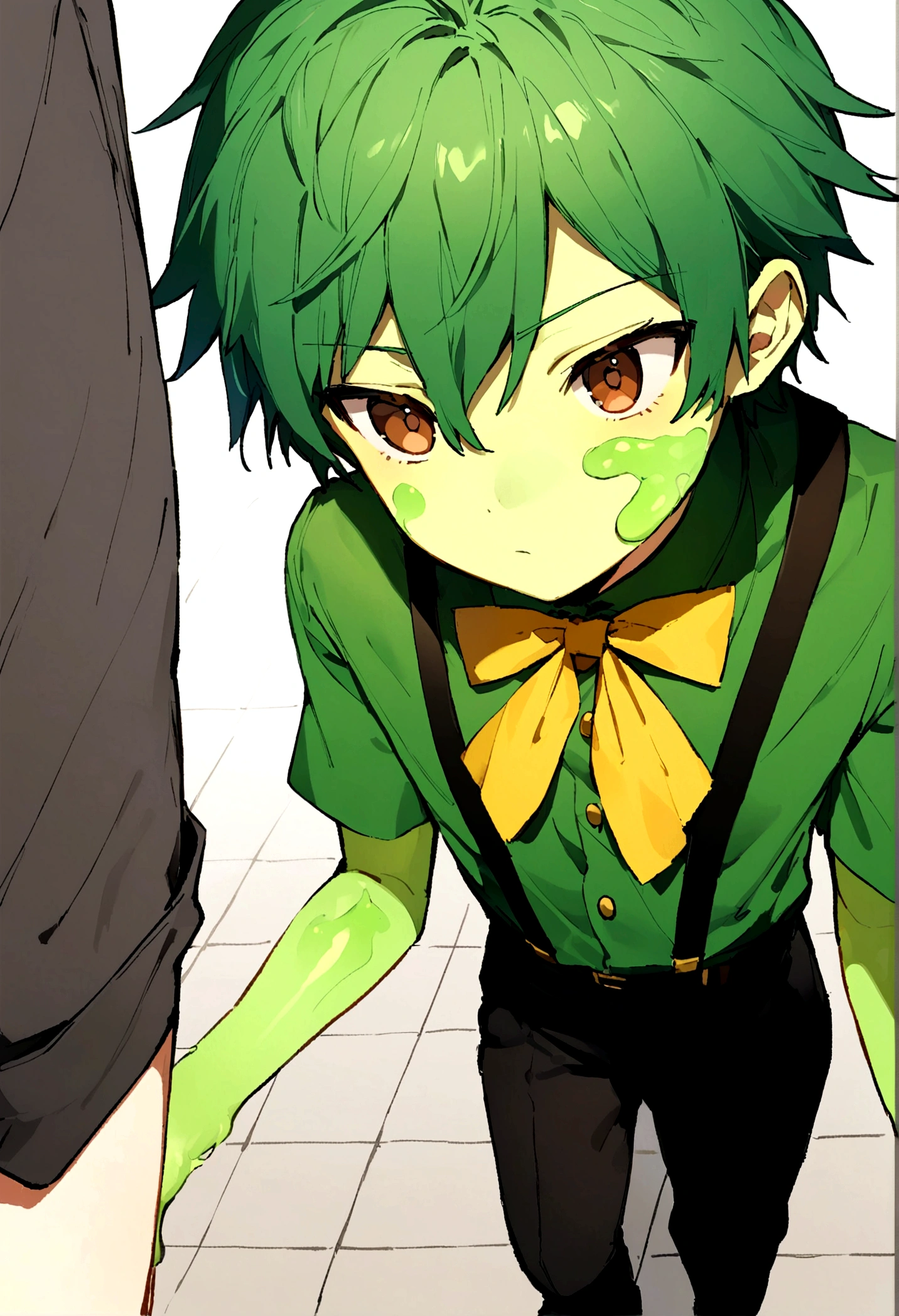 A 17 year old male ager with a green jelly skin, brown eyes and a blue, green hair, wearing a green shirt wearing black straps, and black pants and a yellow bowtie