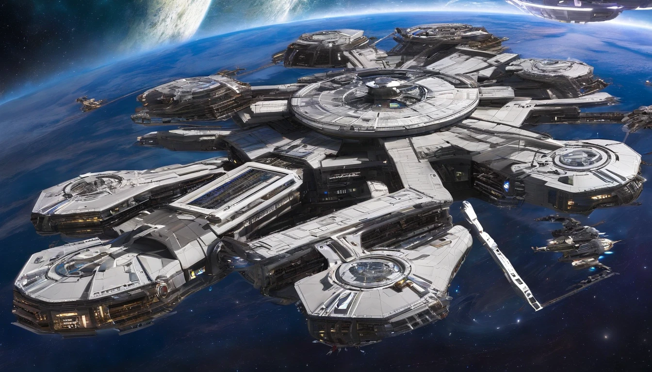 (((The space station is massively bigger than Babylon 5, but in the shape of Deep Space 9))). (((The space station has 6 O'Neal Class space stations off in 5 directions, & 1 down the middle))).There are hundreds of starships going to & fro, from the station, at any hour of the day. This station is in the styles of: Mark Twain, Harlan Ellison, Gene L. Coon, & Benjamin Franklin, Jules Verne.
