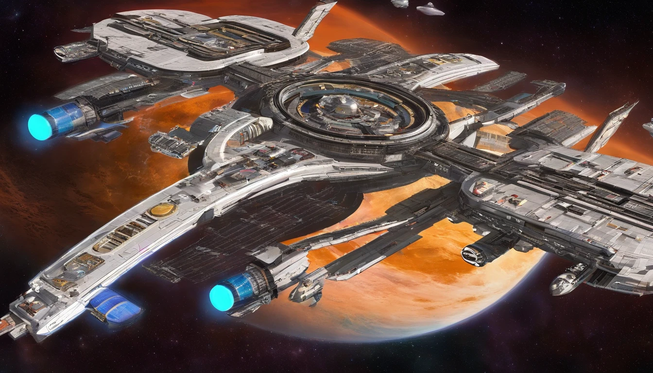 (((The space station is massively bigger than Babylon 5, but in the shape of Deep Space 9))). (((The space station has 6 O'Neal Class space stations off in 5 directions, & 1 down the middle))).There are hundreds of starships going to & fro, from the station, at any hour of the day. This station is in the styles of: Mark Twain, Harlan Ellison, Gene L. Coon, & Benjamin Franklin, Jules Verne.