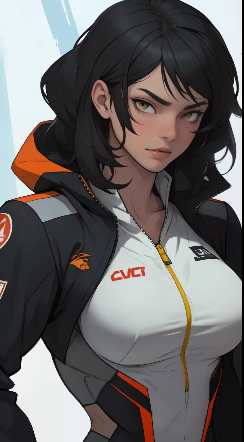 best quality close up pilot suit black hair yellow eyes muscular girl pale skin breasts