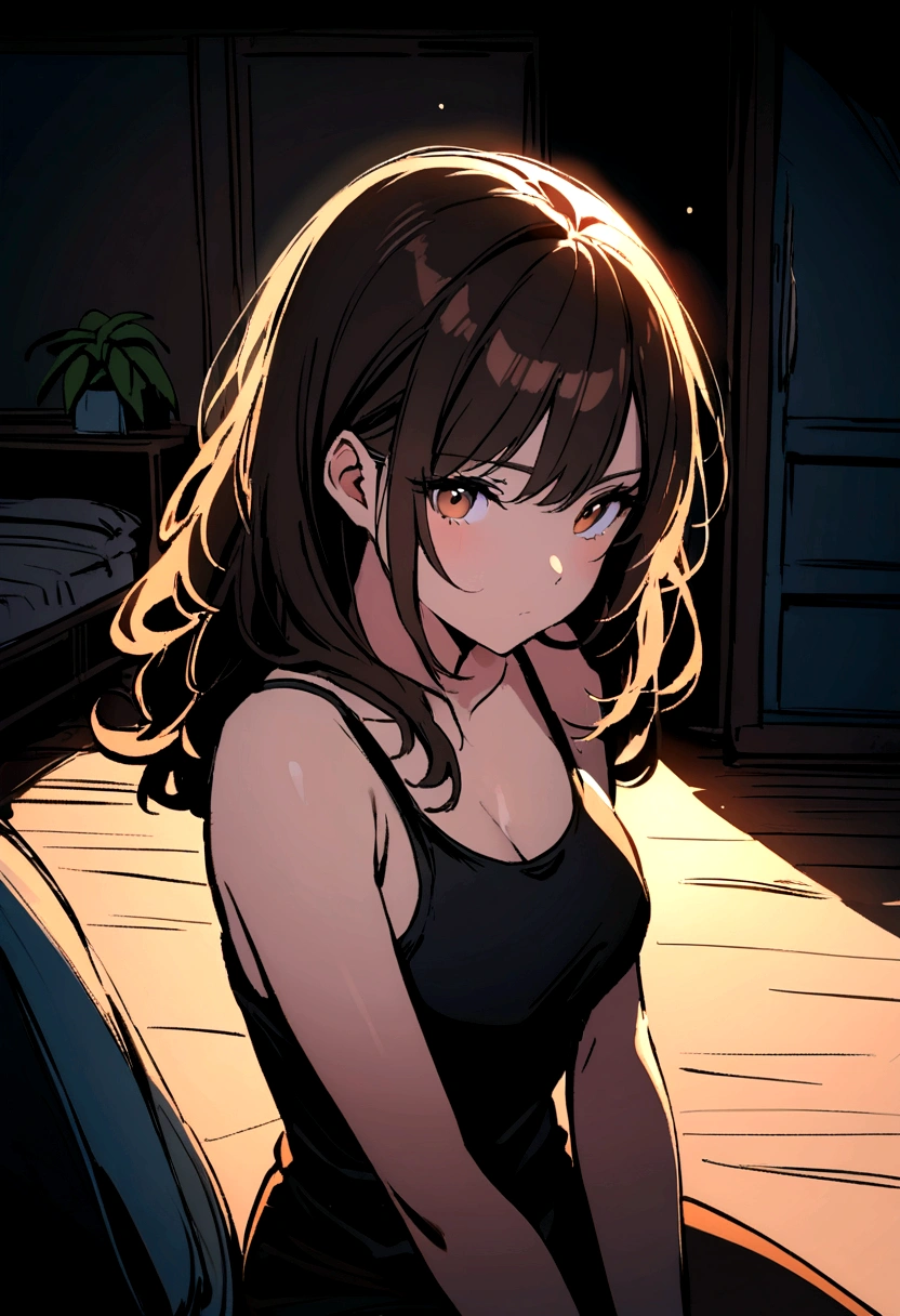 real woman with brown eyes brunette in black tank top in a room