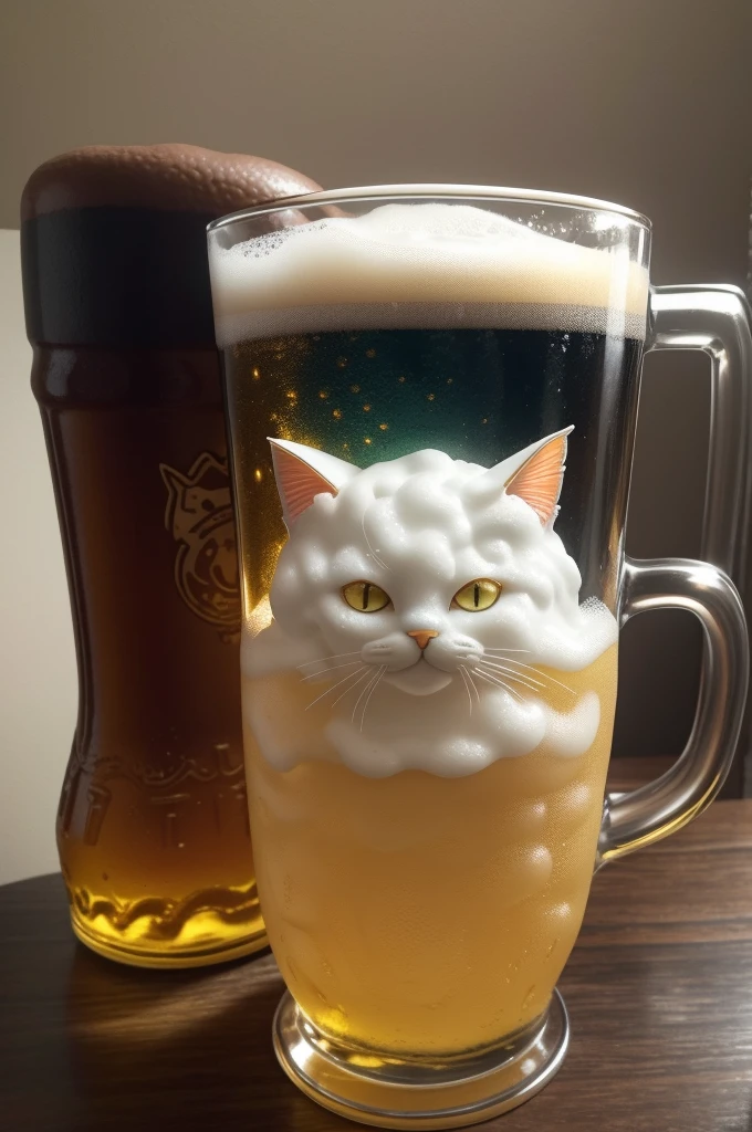 Fantasy beer on an intricate glass, made from cat sculptures, foam in the form of a cat, (absurdly charming cute, Standing in honor:1.2), beer foam , (Beer foam texture :1.3),