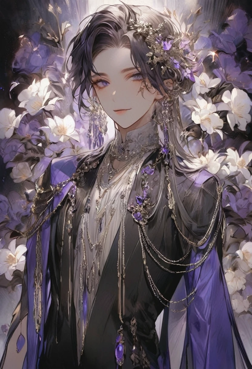Feminine boy, soft womanish facial features, smile, squinted siren dark blue eyes without glare, silver and dark purple long loose hair with straight bang, fantasy black fit clothes with blue and purple elements, long black gloves, model, gorgeous, elegant, lots of silver jewelry, flowers in his hair, skinny body