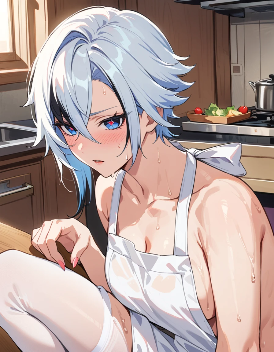 UHD, ccurate, masterpiece, anatomically correct, textured skin, super detail, best quality, 16k, 1080P,SOLO,(1 Female,perfect body, white short hair),(blue eyes with red x-shaped pupils:1.9),(wearing A nude apron:1.7)(See-through),(sweating skin:1.7),(Wearing white Silk Stockings:1.7),(Open pose:1.7),(Full blush:1.7),(In kitchen),(Genshin Impact/Arlecchino),[detail face]
